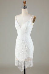 White Spaghetti Strap Sparkly Bodycon Homecoming Dress with Lace-Up Back