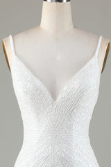 White Spaghetti Strap Sparkly Bodycon Homecoming Dress with Lace-Up Back