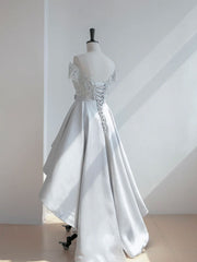Elegant A-Line Scoop Neck Gray Lace Prom Dress with High-Low Satin Skirt