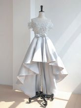 Elegant A-Line Scoop Neck Gray Lace Prom Dress with High-Low Satin Skirt