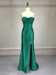 Elegant Green Satin Mermaid Prom Dress for Women, Long Formal Gown