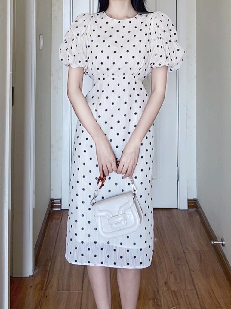 White Bubble Sleeves Polka Dot Dress - DollyGown