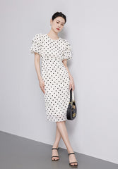 White Bubble Sleeves Polka Dot Dress - DollyGown