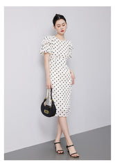 White Bubble Sleeves Polka Dot Dress - DollyGown