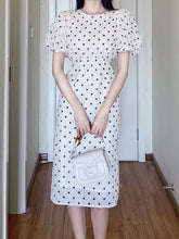 White Bubble Sleeves Polka Dot Dress - DollyGown