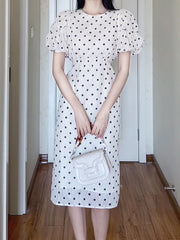 White Bubble Sleeves Polka Dot Dress - DollyGown