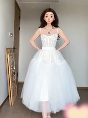White Tulle Princess Short Corset Wedding Dress - DollyGown