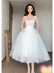 White Tulle Princess Short Corset Wedding Dress - DollyGown