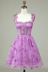 Purple Sweetheart A-Line Corset Homecoming Dress with Appliques and Butterflies