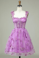 Purple Sweetheart A-Line Corset Homecoming Dress with Appliques and Butterflies