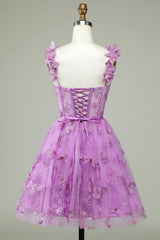 Purple Sweetheart A-Line Corset Homecoming Dress with Appliques and Butterflies