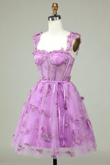 Purple Sweetheart A-Line Corset Homecoming Dress with Appliques and Butterflies