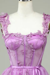 Purple Sweetheart A-Line Corset Homecoming Dress with Appliques and Butterflies