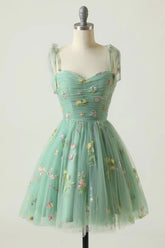 Green A-Line Homecoming Dress with Embroidery - Elegant Floral Design