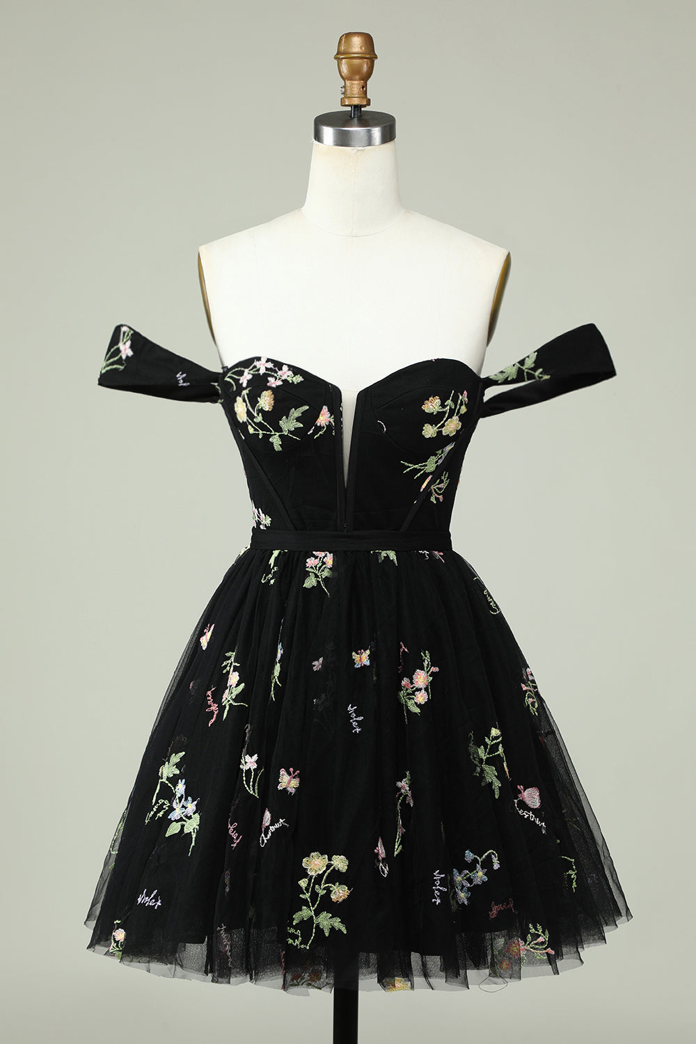 Elegant Black Off-the-Shoulder A-Line Homecoming Dress with Floral Accents