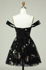 Elegant Black Off-the-Shoulder A-Line Homecoming Dress with Floral Accents