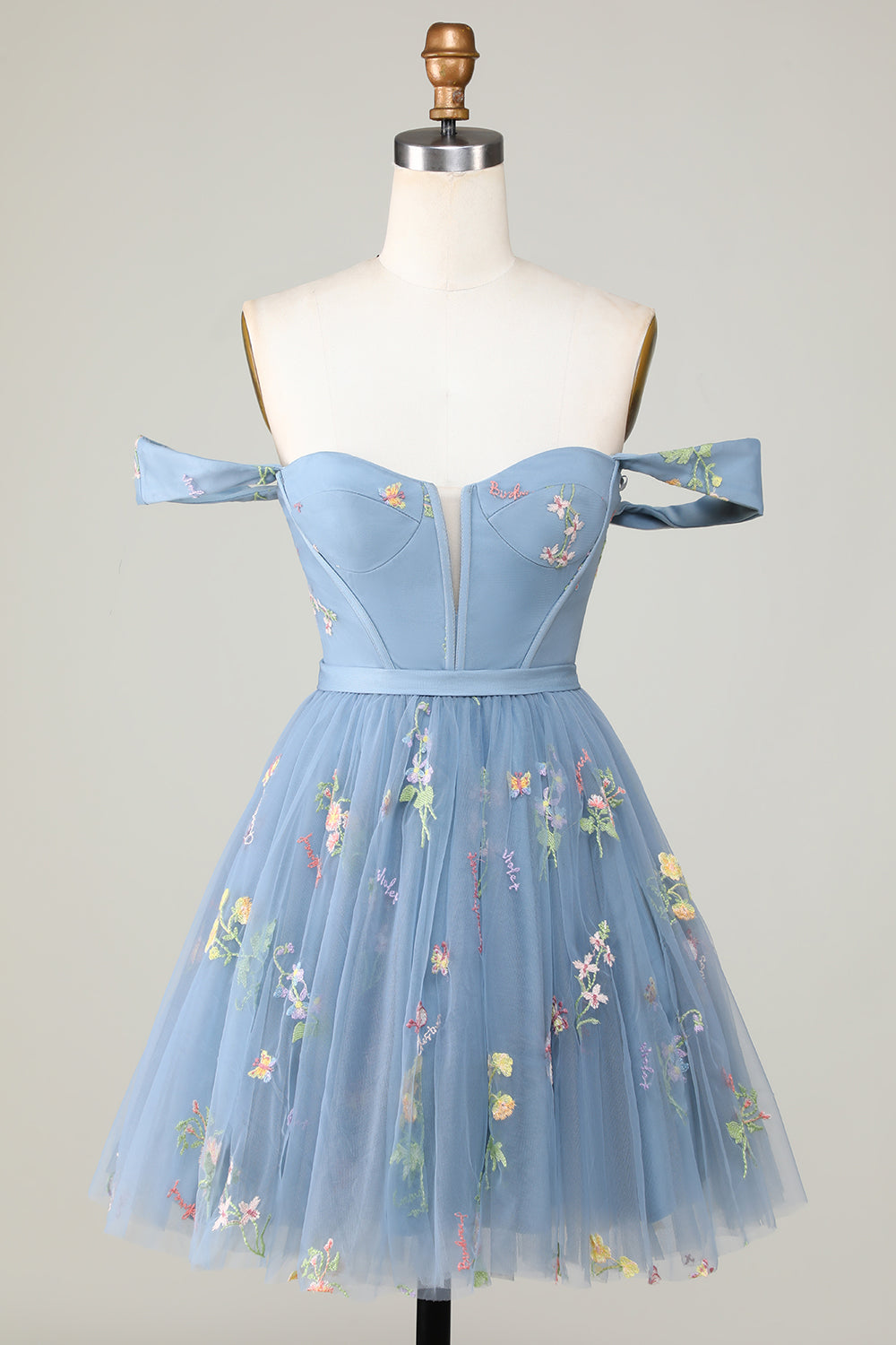 Grey Blue Sweetheart A-Line Homecoming Dress with Floral Embroidery