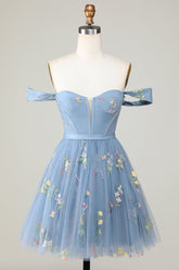 Grey Blue Sweetheart A-Line Homecoming Dress with Floral Embroidery