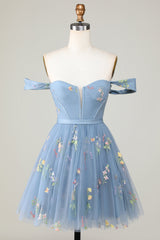 Grey Blue Sweetheart A-Line Homecoming Dress with Floral Embroidery