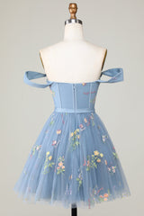 Grey Blue Sweetheart A-Line Homecoming Dress with Floral Embroidery