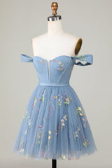 Grey Blue Sweetheart A-Line Homecoming Dress with Floral Embroidery