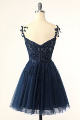 Navy Blue Spaghetti Strap Homecoming Dress with Tulle Appliques
