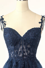 Navy Blue Spaghetti Strap Homecoming Dress with Tulle Appliques
