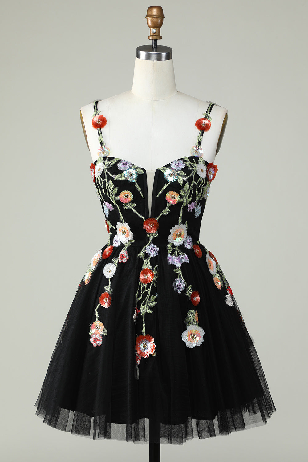 Elegant Black Sequin Spaghetti Strap A-Line Homecoming Dress with Floral Appliques