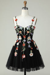 Elegant Black Sequin Spaghetti Strap A-Line Homecoming Dress with Floral Appliques