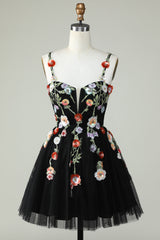 Elegant Black Sequin Spaghetti Strap A-Line Homecoming Dress with Floral Appliques