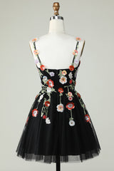 Elegant Black Sequin Spaghetti Strap A-Line Homecoming Dress with Floral Appliques