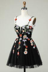 Elegant Black Sequin Spaghetti Strap A-Line Homecoming Dress with Floral Appliques
