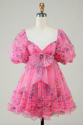 Hot Pink Floral Printed Homecoming Dress with Bow - Short Party Dress