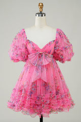 Hot Pink Floral Printed Homecoming Dress with Bow - Short Party Dress