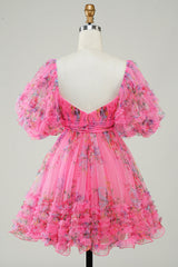 Hot Pink Floral Printed Homecoming Dress with Bow - Short Party Dress