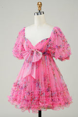 Hot Pink Floral Printed Homecoming Dress with Bow - Short Party Dress