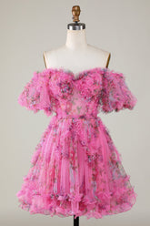 Fuchsia Off-Shoulder A-Line Tulle Homecoming Dress with Floral Appliques Sleeves