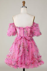 Fuchsia Off-Shoulder A-Line Tulle Homecoming Dress with Floral Appliques Sleeves