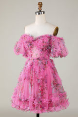 Fuchsia Off-Shoulder A-Line Tulle Homecoming Dress with Floral Appliques Sleeves