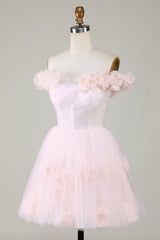 Pink Off-the-Shoulder A-Line Homecoming Dress with Floral Details Elegant Style