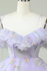 Lavender Off-Shoulder Corset Homecoming Dress with Ruffles - Elegant & Charming