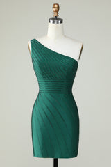 One-Shoulder Dark Green Sheath Homecoming Dress with Beading Elegant Party Gown