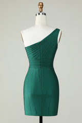 One-Shoulder Dark Green Sheath Homecoming Dress with Beading Elegant Party Gown