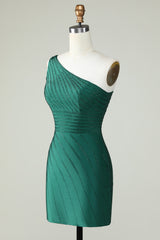 One-Shoulder Dark Green Sheath Homecoming Dress with Beading Elegant Party Gown
