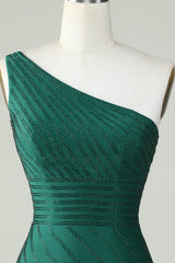One-Shoulder Dark Green Sheath Homecoming Dress with Beading Elegant Party Gown