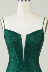 Dark Green Sparkly Bodycon Spaghetti Strap Homecoming Dress with Beading