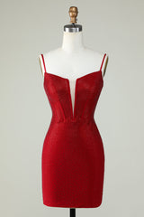 Red Beaded Sheath Spaghetti Strap Homecoming Dress Custom Made 27Prom