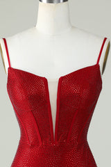 Red Beaded Sheath Spaghetti Strap Homecoming Dress Custom Made 27Prom