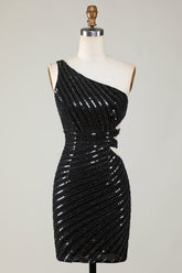 Elegant Black One Shoulder Sequin Bodycon Homecoming Dress with Cut-Out