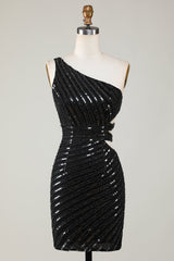 Elegant Black One Shoulder Sequin Bodycon Homecoming Dress with Cut-Out